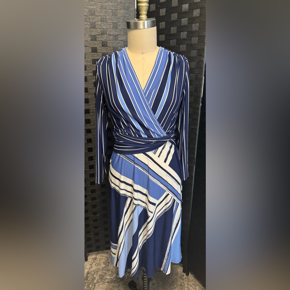 London Times Blue and White Ruched Wrap Dress